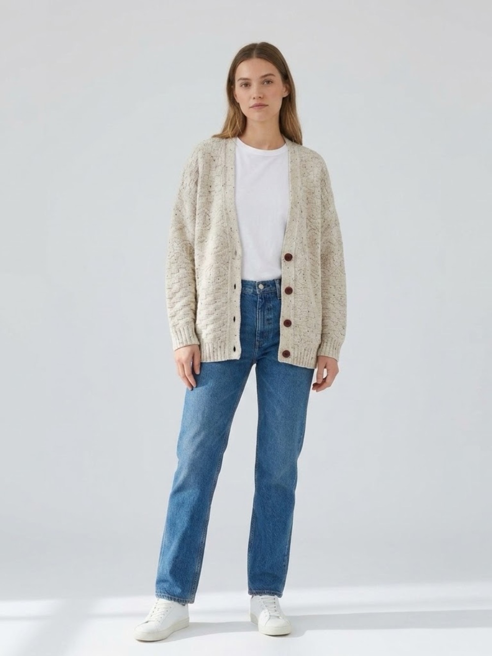 Vintage Oatmeal Speckled Knit Cardigan, Textured Basketweave